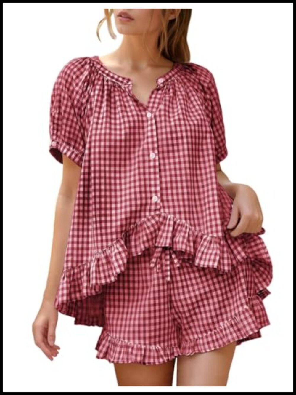 100% Cotton Gingham Pajama Set Button Down Ruffle Shorts Lounge Set
